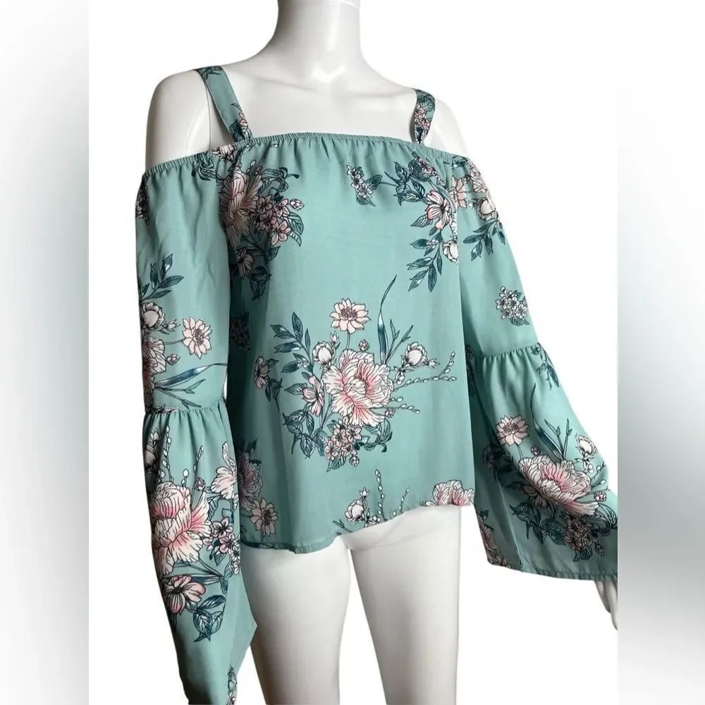 Derek Heart Floral Off-Shoulder Women Top Seafood Green Size Small